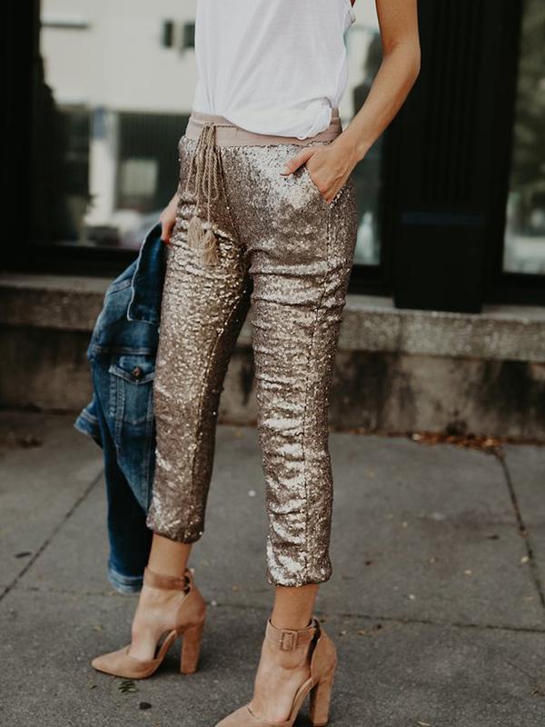 Women's Pants Sequined Pocket Elastic Waist Belted Pants - Pants - INS | Online Fashion Free Shipping Clothing, Dresses, Tops, Shoes - 20-30 - 22/11/2021 - Bottoms
