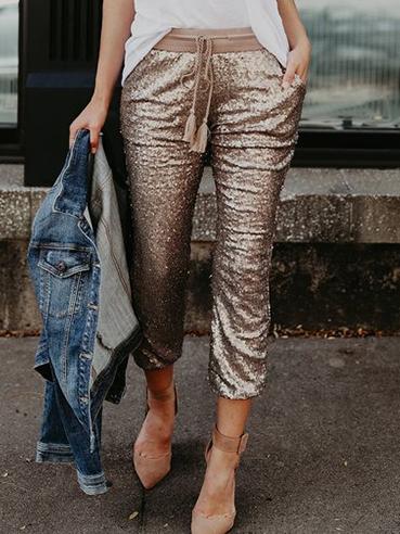 Women's Pants Sequined Pocket Elastic Waist Belted Pants - Pants - INS | Online Fashion Free Shipping Clothing, Dresses, Tops, Shoes - 20-30 - 22/11/2021 - Bottoms