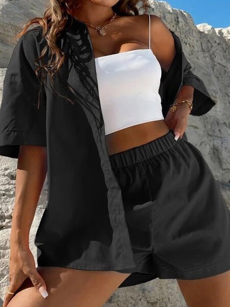 Women's Sets Solid Dropped Shoulder Shirt & Shorts Two-Piece Set - MsDressly