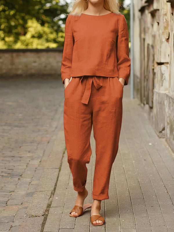 Women's Sets Solid Long Sleeve Top & Belted Pocket Trousers Two-Piece Suit