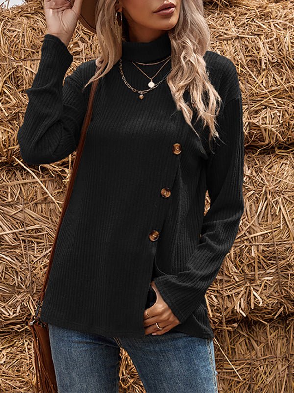 Women's Sweaters Long Sleeve Asymmetric Button Split High Neck Sweater - MsDressly