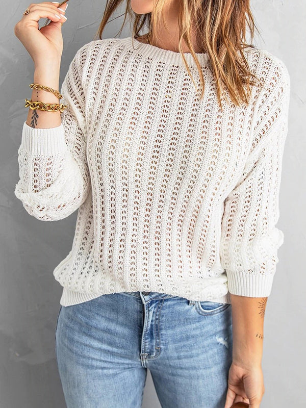Women's Sweaters Round Neck Hollow Long Sleeved Knit Sweater - MsDressly
