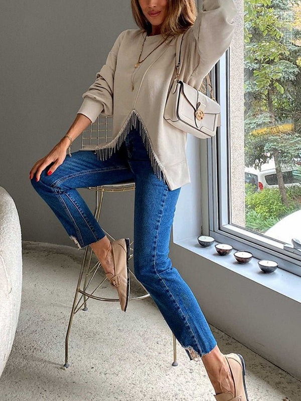 Women's Sweaters Round Neck Solid Split Tassel Loose Casual Sweater - Sweaters - Instastyled | Online Fashion Free Shipping Clothing, Dresses, Tops, Shoes - 20-30 - 21/12/2022 - cardigans-sweaters