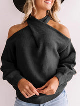 Women's Sweaters Solid V-Neck Off-Shoulder Knit Sweater - Sweaters - Instastyled | Online Fashion Free Shipping Clothing, Dresses, Tops, Shoes - 16/09/2022 - CAR2209161258 - Color_Black