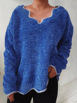 Women's Sweaters Solid Wavy Neck Long Sleeve Sweater - MsDressly