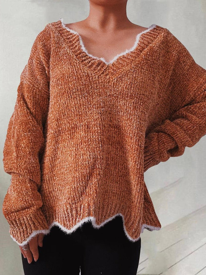 Women's Sweaters Solid Wavy Neck Long Sleeve Sweater - MsDressly
