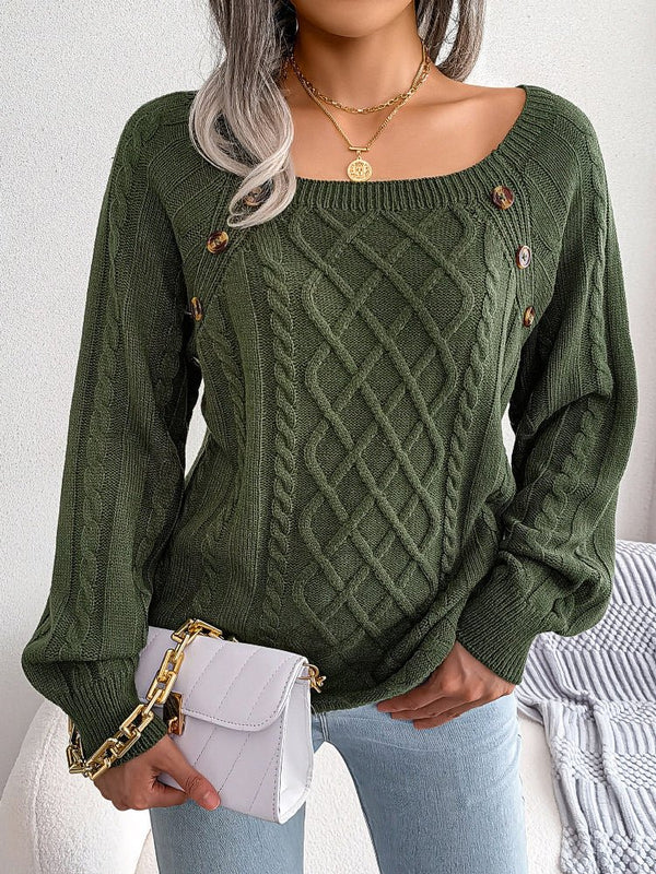 Women's Sweaters Square-Neck Button Down Twist Knit Pullover Sweater - Sweaters - Instastyled | Online Fashion Free Shipping Clothing, Dresses, Tops, Shoes - 23/11/2022 - Color_Army Green - Color_Black