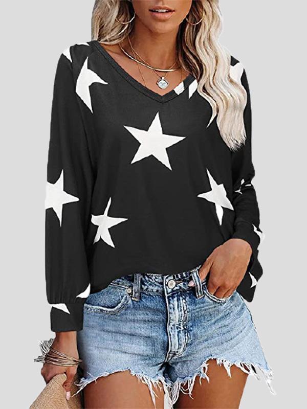 Women's T-Shirts Five-Pointed Star Print V-Neck Long Sleeve T-Shirt - MsDressly