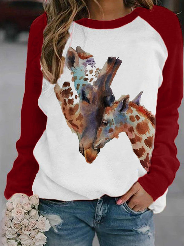 Women's T-Shirts Giraffe Print Round Neck Long Sleeve T-Shirt - T-Shirts - INS | Online Fashion Free Shipping Clothing, Dresses, Tops, Shoes - 10-20 - 18/09/2021 - Category_T-Shirts