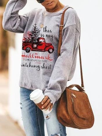 Women's T-Shirts Hallmark Print Round Neck Long Sleeve T-Shirt - MsDressly