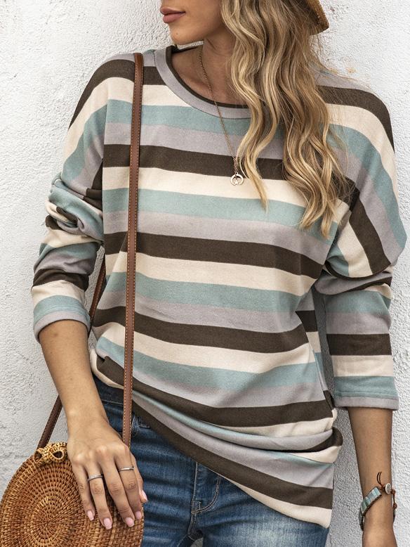 Women's T-Shirts Multicolor Striped Round Neck Long Sleeve T-Shirt - MsDressly