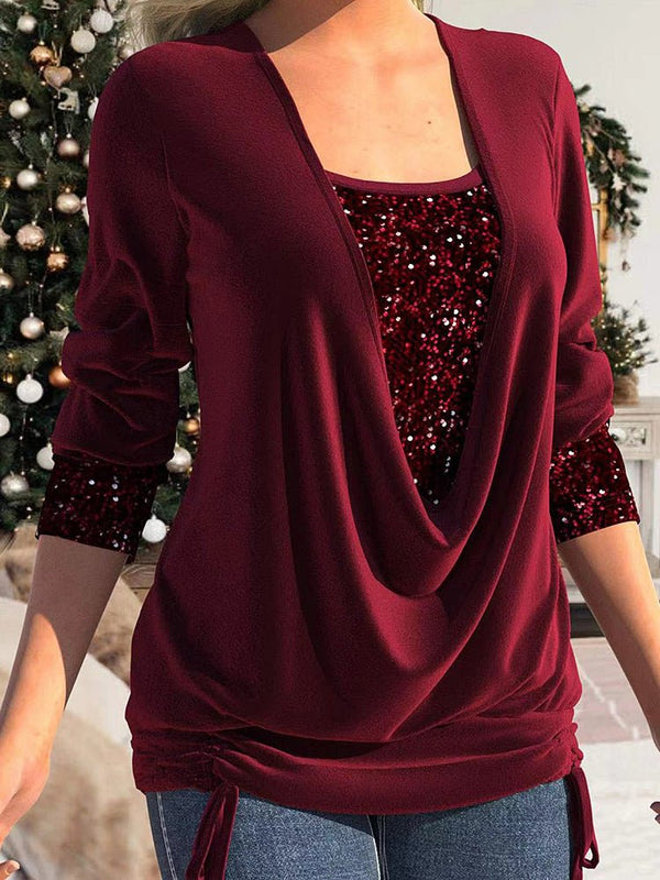 Women's T-Shirts Sequin Panel Solid Long Sleeve Drop Collar Pleated T-Shirt - MsDressly