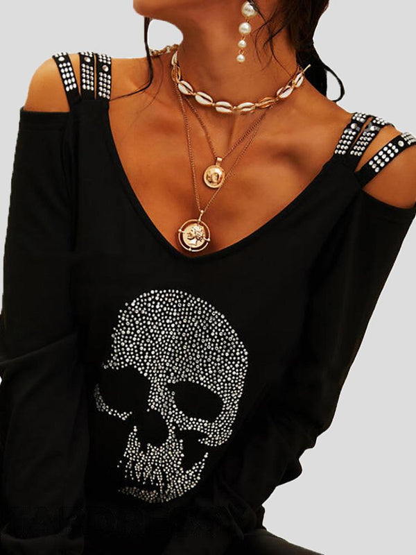 Women's T-Shirts Skull V-Neck Off Shoulder Long Sleeve T-Shirt - T-Shirts - Instastyled | Online Fashion Free Shipping Clothing, Dresses, Tops, Shoes - 15/12/2021 - 20-30 - color-black