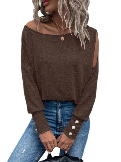 Women's T-Shirts Solid Off Shoulder Long Sleeves Buttoned Cuff T-Shirt - T-Shirts - Instastyled | Online Fashion Free Shipping Clothing, Dresses, Tops, Shoes - 16/12/2022 - Color_Black - Color_Burgundy