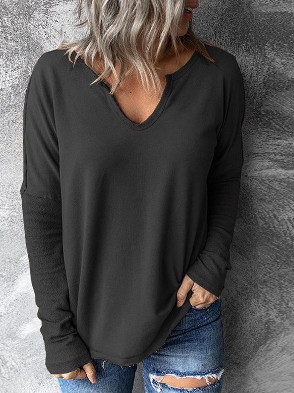 Women's T-Shirts Solid Pullover V-Neck Long Sleeve T-Shirts - MsDressly