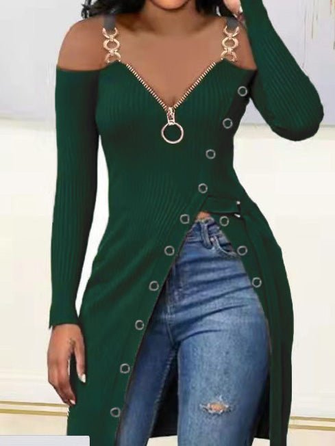 Women's T-Shirts V-Neck Zip Sling Long Sleeve High Slit T-Shirt - T-Shirts - Instastyled | Online Fashion Free Shipping Clothing, Dresses, Tops, Shoes - 21/02/2022 - 30-40 - color-army_green