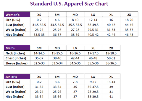 Standard US Apparel Size Chart
