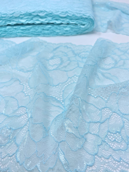 Extra Soft Tiffany Blue Elastic Lace Trim. 22cm (8.6") wide, 1 yard.