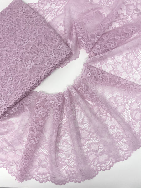 Extra Soft Elastic Lilac Lace Trim. 23.5cm (9.2") wide, 1 yard