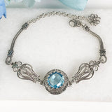 Natural Blue Topaz Silver Bracelet 925 Sterling Silver Genuine Gemstone Handmade Artisan Crafted Filigree Adjustable Women Jewelry Gifts Box