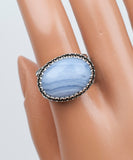 Blue Lace Agate Silver East West Ring,925 Sterling Silver Genuine Blue Lace Agate Artisan Crafted Statement Bold Cocktail Ring, Gift Boxed