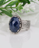 Blue Sapphire Corundum Silver Ring,925 Sterling Silver Blue Sapphire Corundum Artisan Crafted Filigree Oval Cocktail Ring Women Jewelry Gift
