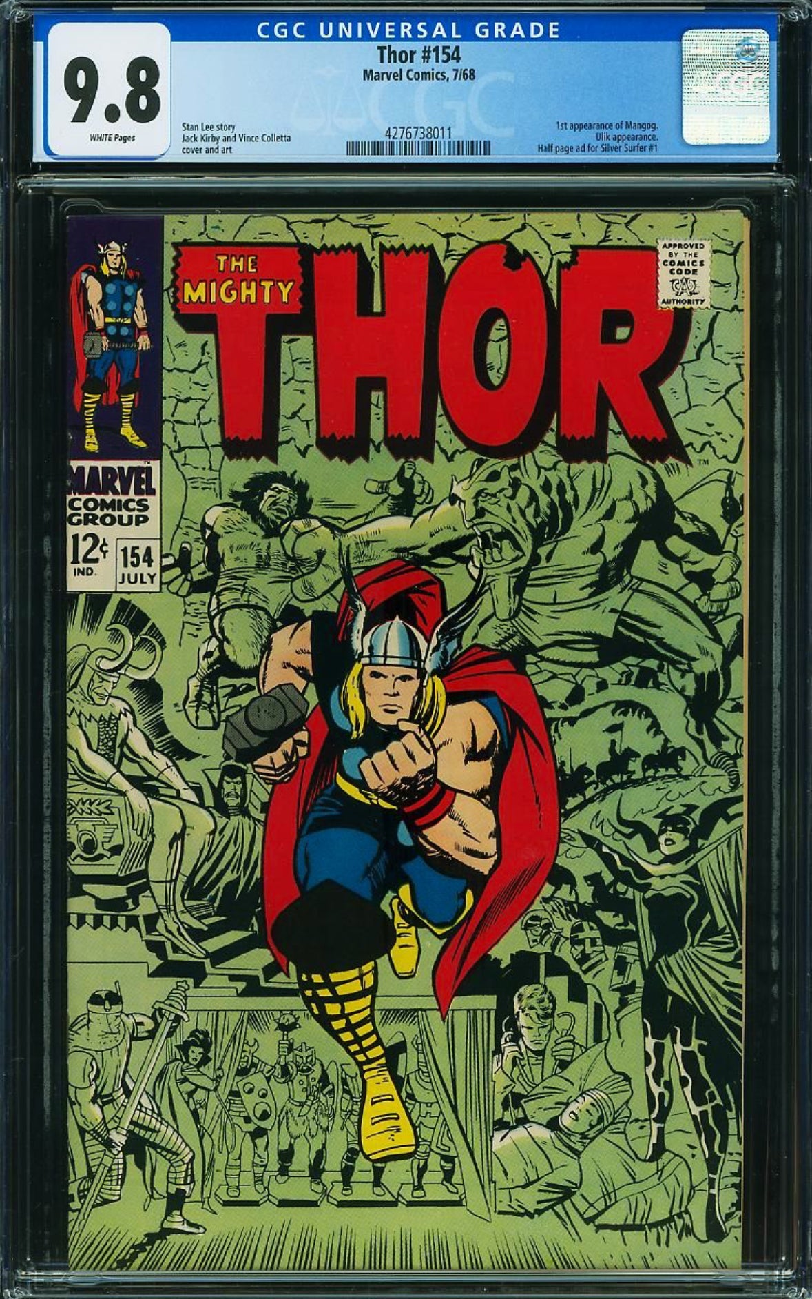 Thor #154 CGC 9.8 White Pages 1st appearance of Mangog. Ulik appearance. Half page ad for Silver Surfer #1