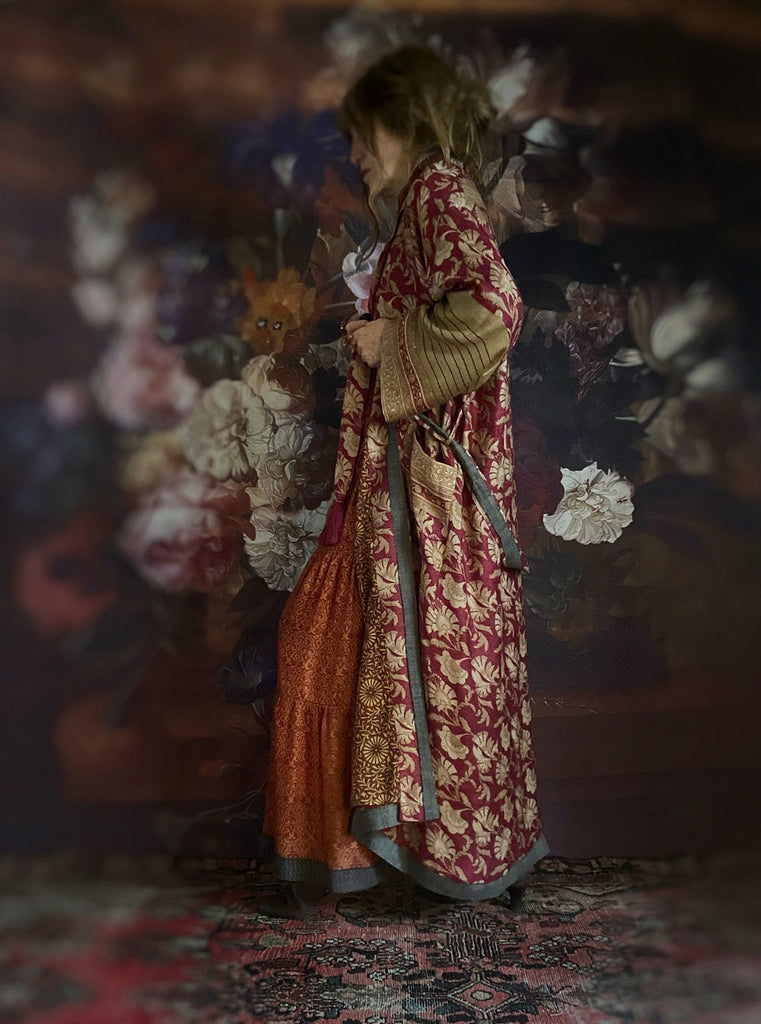 Luxury wool and silk dressing robe created from vintage textiles; burgundy and gold full length coat by Brighton Bohemian from Pavilion Parade