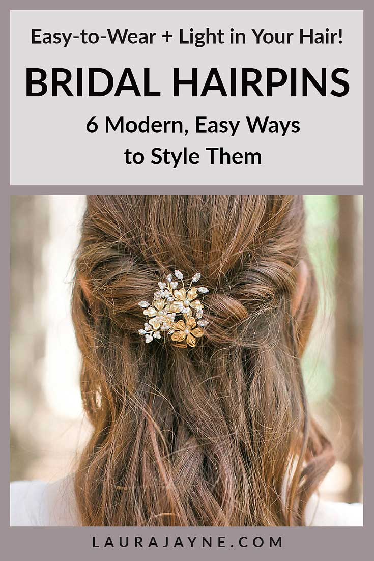 Back of womans head with half up hairstyle and gold flower pins