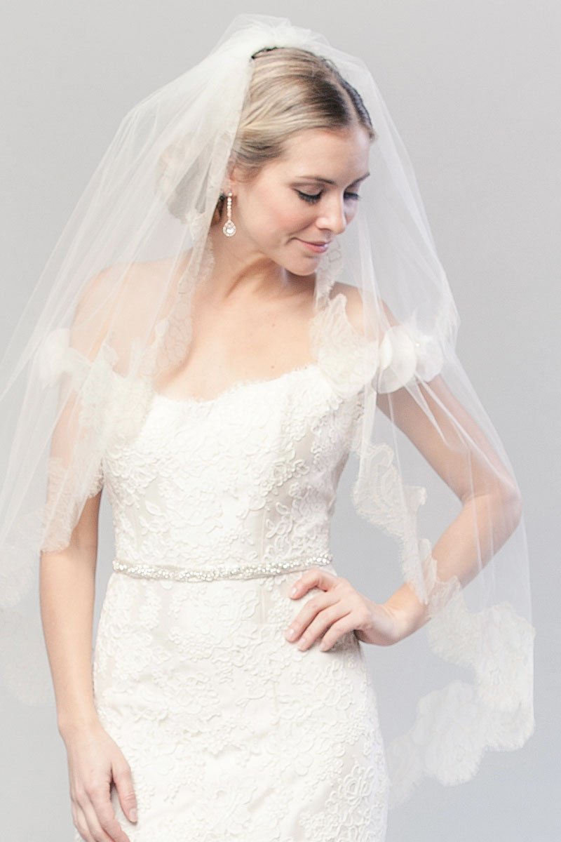 Coco Chantilly Blusher Veil worn back by bride