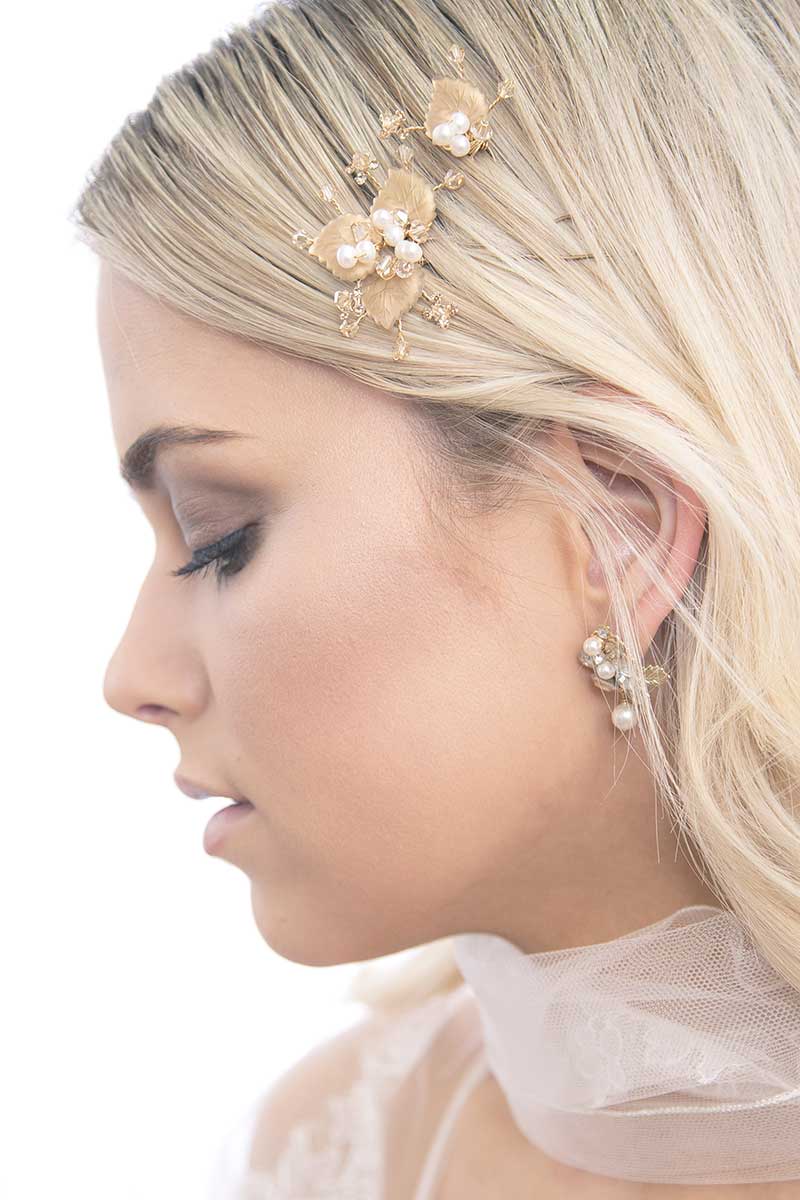Profile of woman wearing Gilt Foliage hairpin set by Laura Jayne Accessories