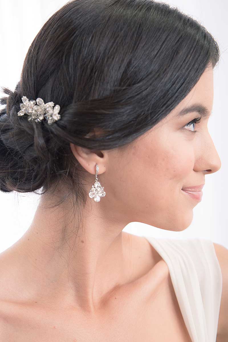 Profile of woman wearing Louisa crystal hairpins by Laura Jayne Accessories