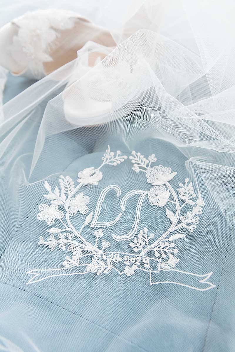 Close up of embroidered monogram veil Khrysia by Laura Jayne