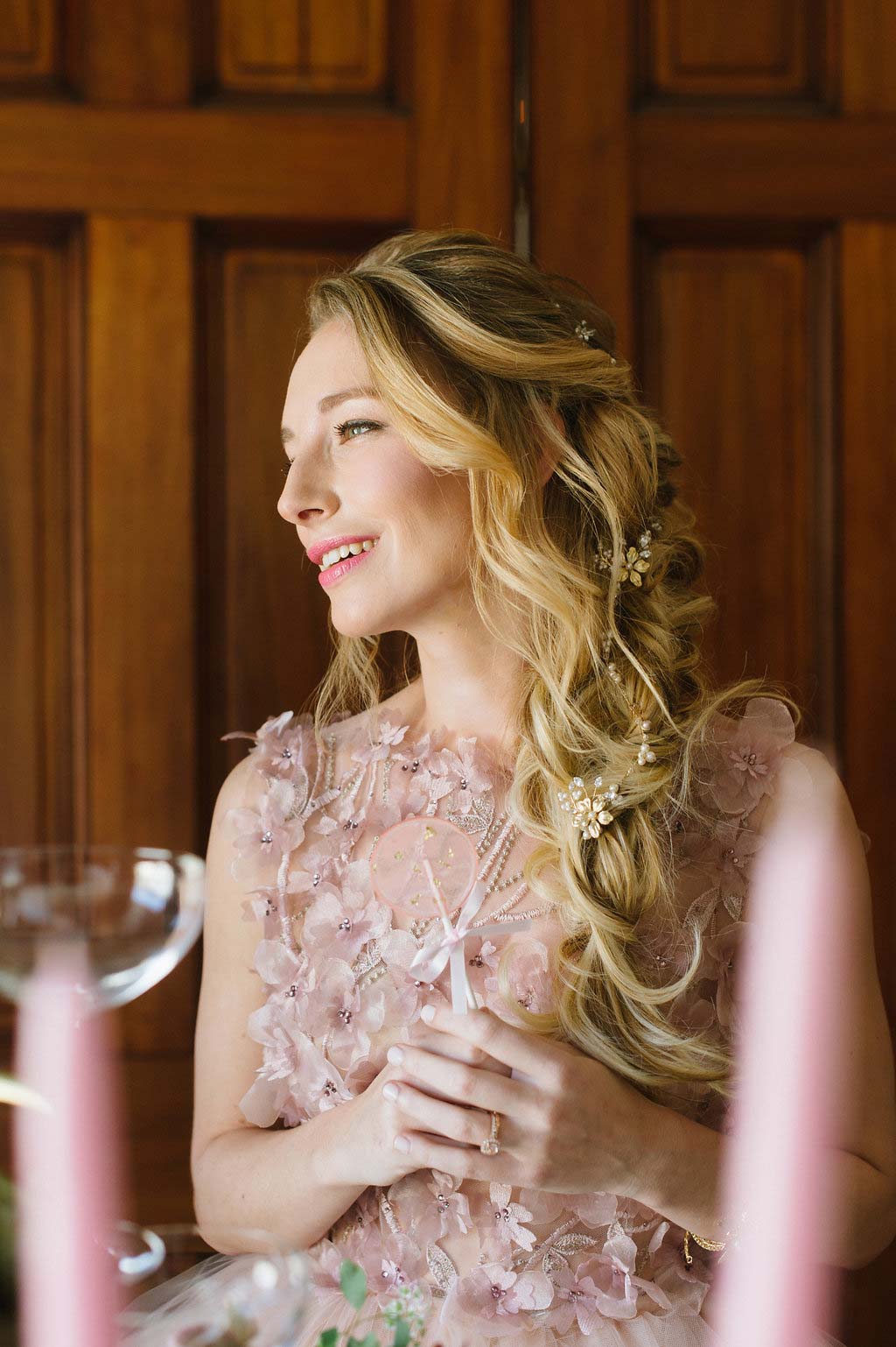 hair in braid, romantic bride