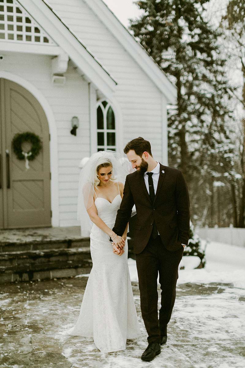 happy bride and groom outdoors at a winter wedding 