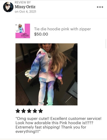 Barbie doll tie Dye hoodie costumer review thedolltailor.com
