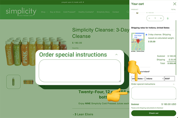 Image of the "Order Special Instructions" notes section in your cart.