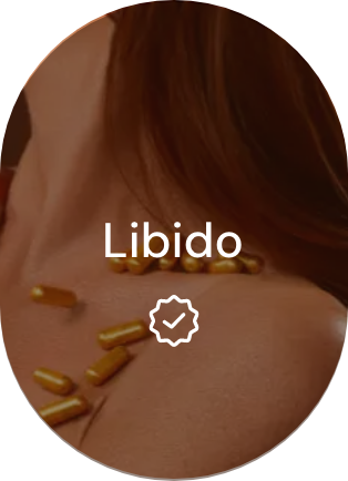 Woman's shoulder with 'Libido' text and capsules, circular cropped.