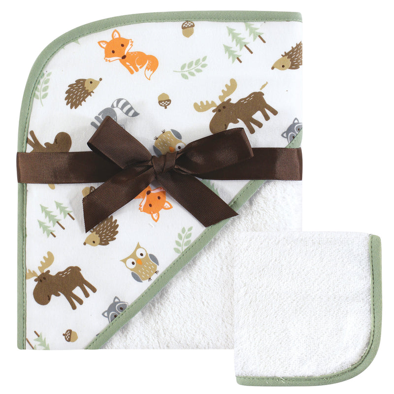 Hudson Baby Cotton Hooded Towel and Washcloth, Woodland