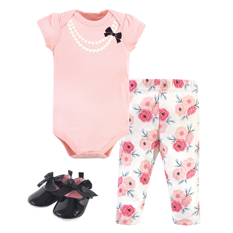 Little Treasure Cotton Bodysuit, Pant and Shoe Set, Black Pink Pearls