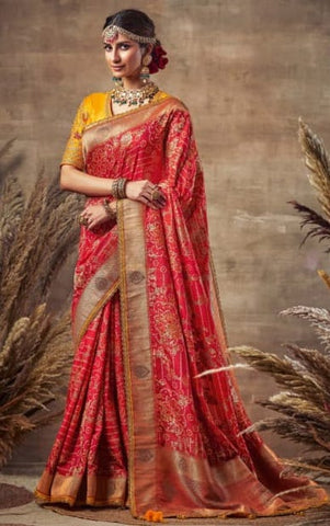Sur Bandhani Sindhuri Red & Yellow Pure Silk Embroidered Saree D6N071SA