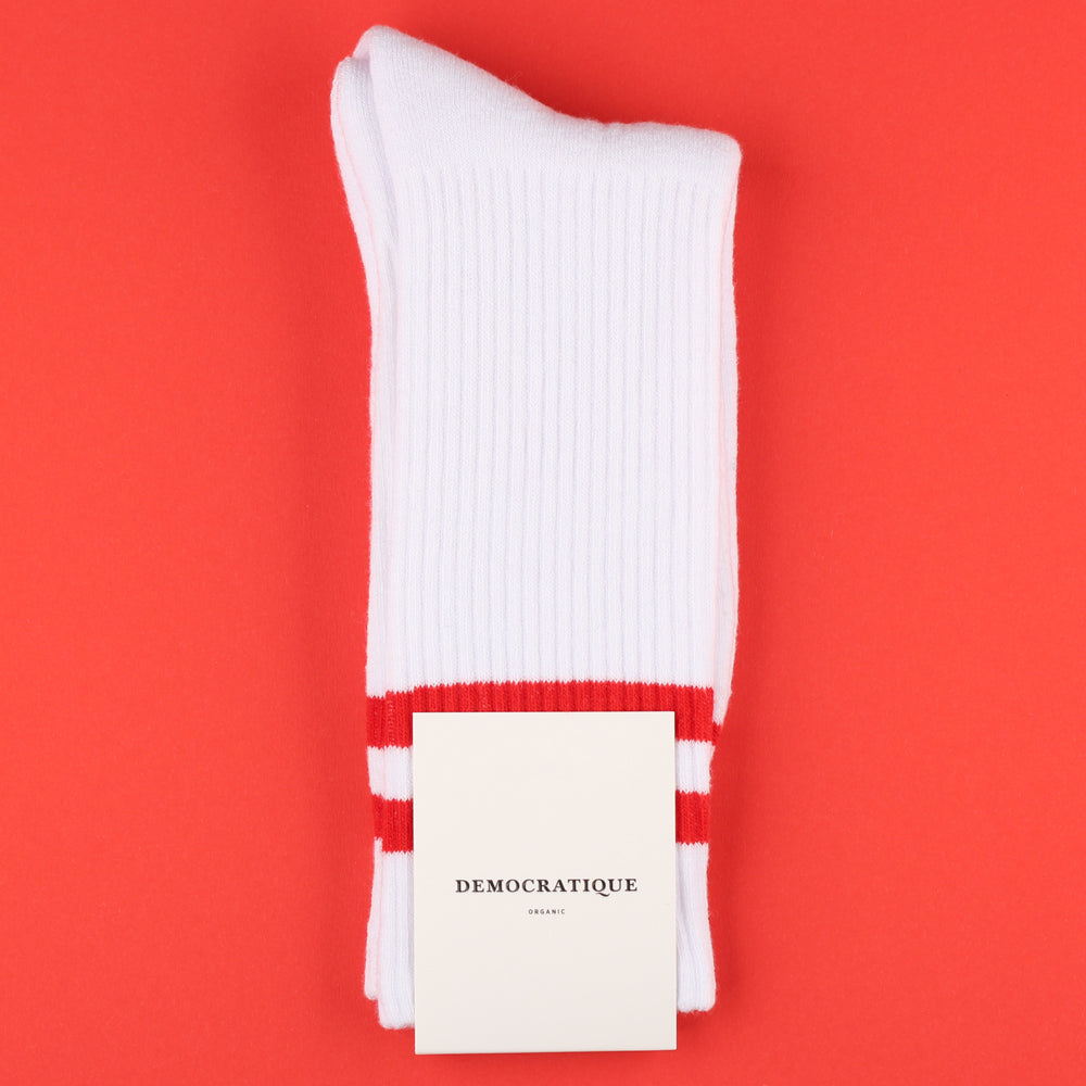 White and red striped tennis socks from danish high quality sock brand Democratique Socks.
