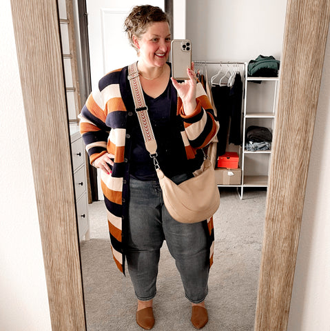 plus size striped cardigan sweater try on with one real momma onerealmomma eloquii elements walmart target jeans tshirt mules