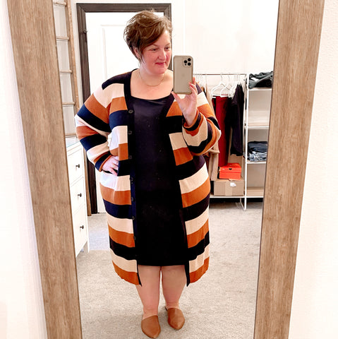 plus size striped cardigan over a tank dress styled by onerealmomma one real momma eloquii elements walmart try on