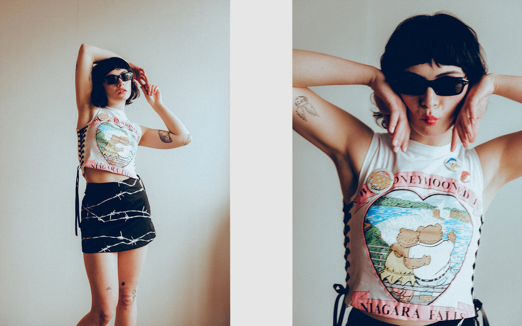 PRISTINE SUSTAINABLE SMUT REWORKED VINTAGE SOUR CORSET TANK TOP BARBED WIRE PRINT ORGANIC COTTON MINI SKIRT