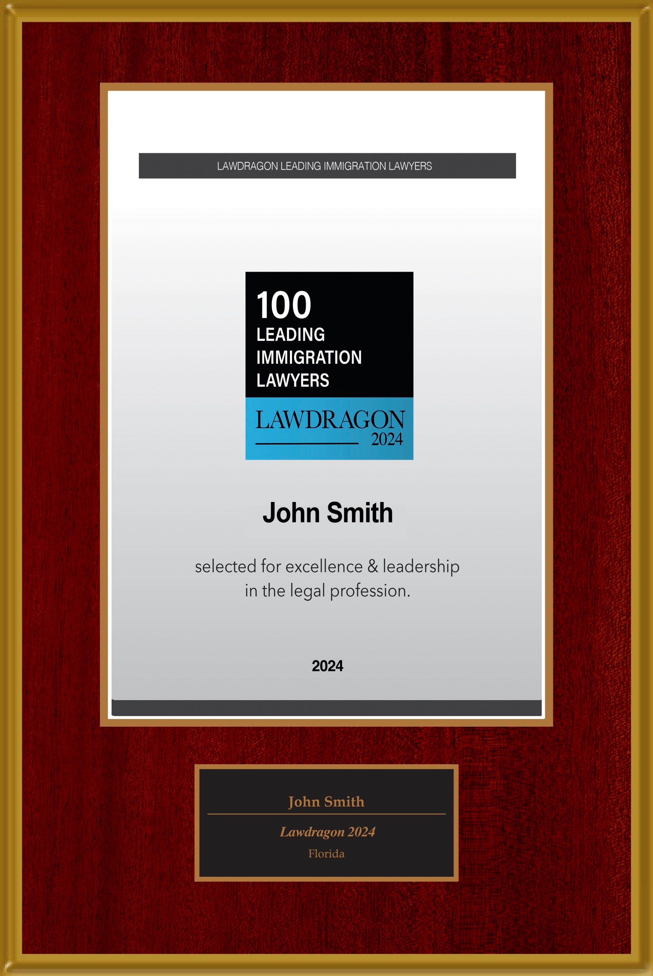 2024 Lawdragon 100 Leading Immigration Lawyers Plaque