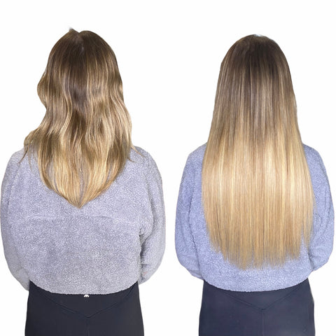 2 rows of extensions on blonde hair long human hair weave with high quality extensions sold in Calgary
