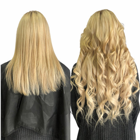 blonde highlight extensions curled with cut blended layer