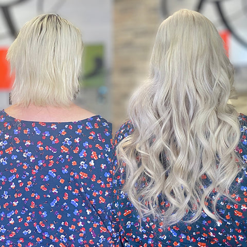 before and after blonde hair extensions on very short blonde hair