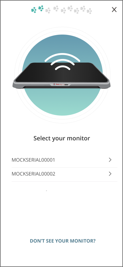 Image of monitor with wifi signal icon above a list of monitors detected in the household. Text reads: Select your monitor.